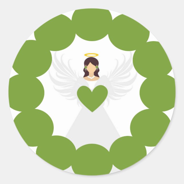 Modern Christmas Green Angel Herzkranz Label Runder Aufkleber (Vorderseite)