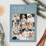 Modern Christmas Icy Blue 9 Foto Collage Feiertagskarte<br><div class="desc">Moderne Weihnachtskarte mit "Fröhlicher Weihnachten", die oben im Design in trendiger weißer Schrift mit einem zitterblauen Hintergrund ausgestellt ist. Eine Foto-Collage von 9 Fotos wird unten in einem Rasterlayout angezeigt. Personalisieren Sie die Multi-Foto Weihnachtskarte mit Ihrem Familiennamen. Die Karte kehrt um, um einen frostblauen Hintergrund mit subtilen weißen Punkten (Schnee)...</div>