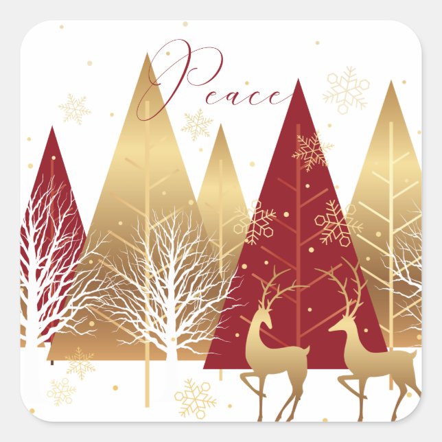 Modern Christmas Peace Holiday Red Gold Quadratischer Aufkleber (Vorderseite)