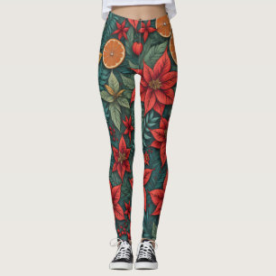 Modern Christmas Poinsettia Orange Blätter Leggings