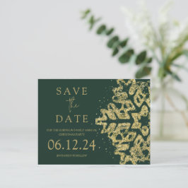 Modern Christmas Save the Date Gold Glitzer Green Ankündigungspostkarte