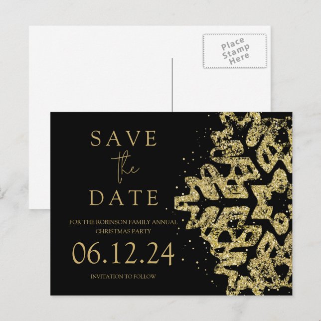 Modern Christmas Save the Date Gold Glitzern Black Ankündigungspostkarte (Vorne/Hinten)