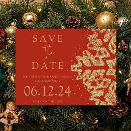 Modern Christmas Save the Date Gold Glitzern Red Ankündigungspostkarte