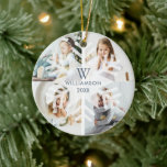 Modern Christmas Snowflake Monogram Four Foto Keramik Ornament<br><div class="desc">Feiern Sie die magische und festliche Urlaubssaison mit unseren maßgeschneiderten Foto-Ornamenten. Unser modernes, elegantes Urlaubsdesign besticht durch ein modernes und minimalistisches 4-Foto-Kollage-Layout mit einem modernen, weißen, halbtransparenten Schneeflockendesign, das im Zentrum des Vierer-Foto-Foto-Layouts platziert ist. Maßgeschneidert mit Ihrer Familie Monogramm, Jahr und Name. Auf der Rückseite des Fotos verziert ein Single...</div>