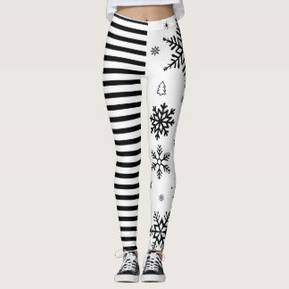 Modern Christmas Snowflake & Stripe Holiday Leggings