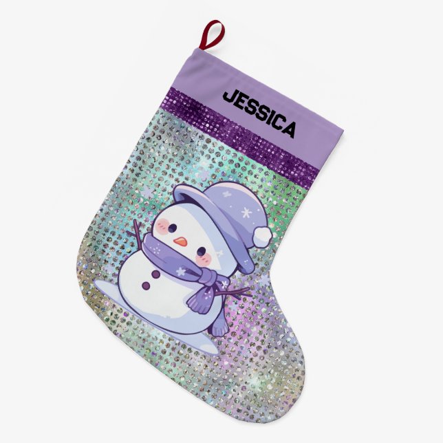 Modern Christmas Snowman Pastel Lila Großer Weihnachtsstrumpf (Vorderansicht (hängend))