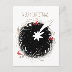 Modern Christmas Star Berries Wreath Postkarte