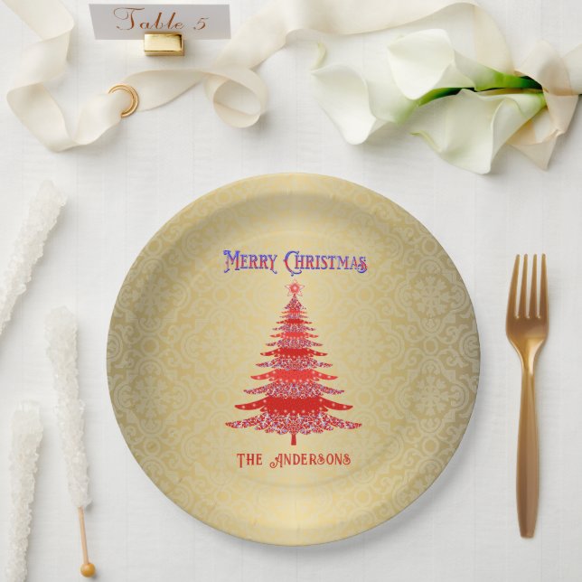 Modern Christmas Tree Red Gold Pappteller (Hochzeit)