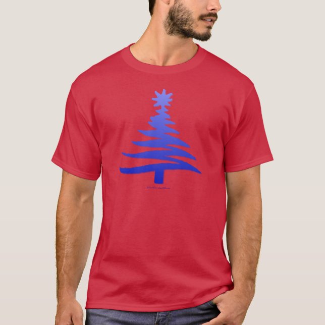 Modern Christmas Tree Stencil Print Blue T-Shirt (Vorderseite)