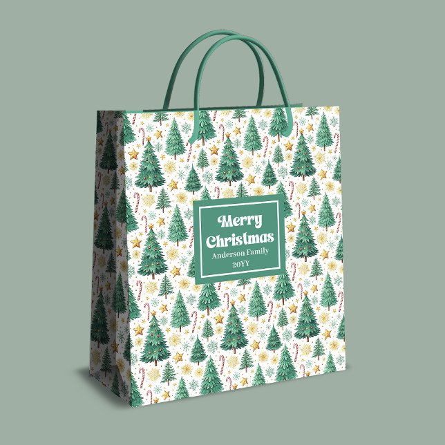 Modern Christmas trees gift bag red green gold  Mittlere Geschenktüte (Modern Christmas trees gift bag red green gold style)