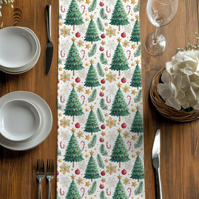 Modern Christmas Trees Red and Gold Dining Runner Mittelgroßer Tischläufer (Modern Christmas Trees Red and Gold Dining Runner)