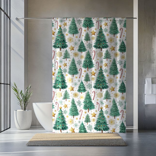 Modern Christmas Trees Red Green Gold Bath Decor Duschvorhang (Modern Christmas Trees Red Green Gold Bath Decor Shower Curtain)