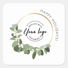 Modern Christmas Wreath Custom Logo Happy Holidays Runder Aufkleber