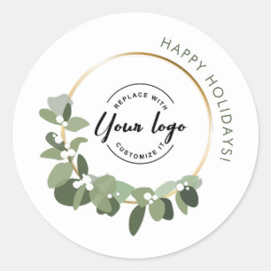 Modern Christmas Wreath Custom Logo Happy Holidays Runder Aufkleber