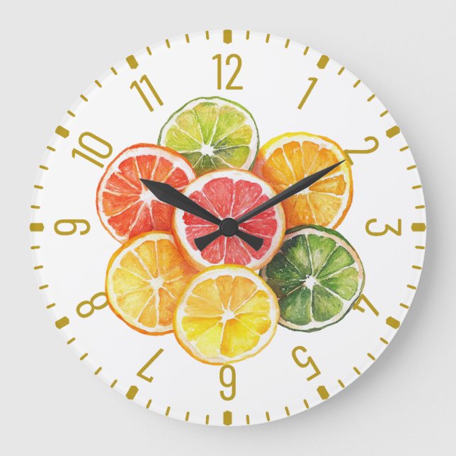 Modern Citrus Fruit Slices Round Clock Große Wanduhr (Vorderseite)
