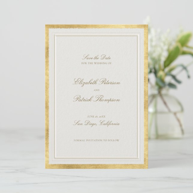 Modern Classic Formal Elevated Gold Ecru Wedding Save The Date (Stehend Vorderseite)