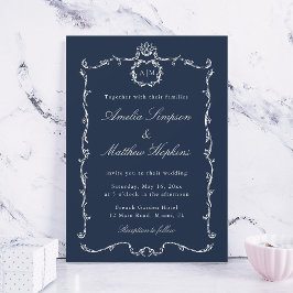 Modern Classic French Frame Wedding Navy Blue Einladung