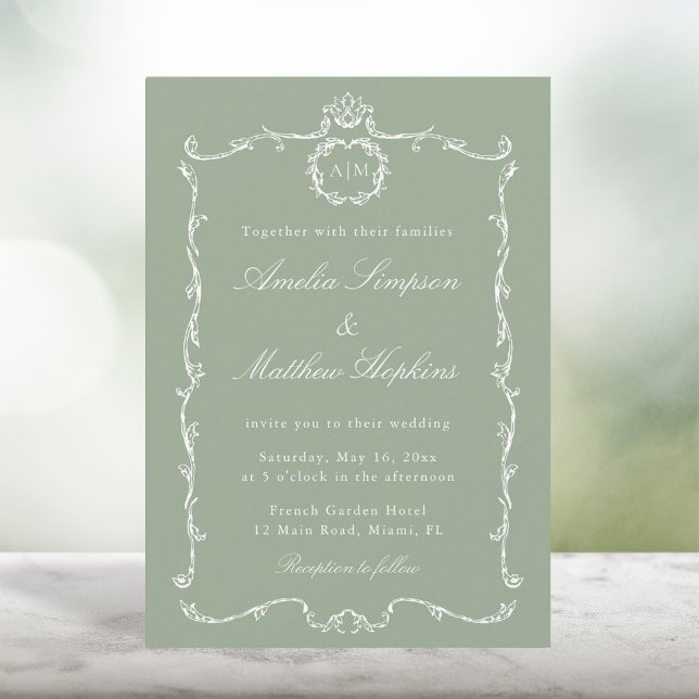 Modern Classic French Frame Wedding Sage Green Einladung (Von Creator hochgeladen)