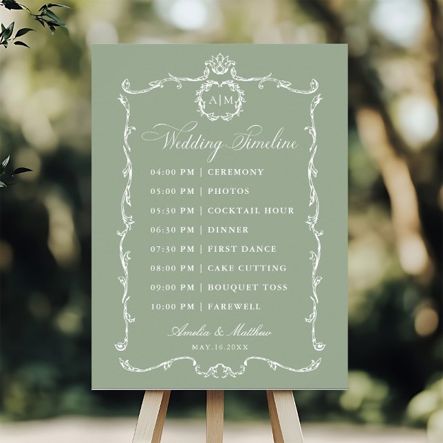Modern Classic French Sage Green Wedding Timeline Poster (Von Creator hochgeladen)