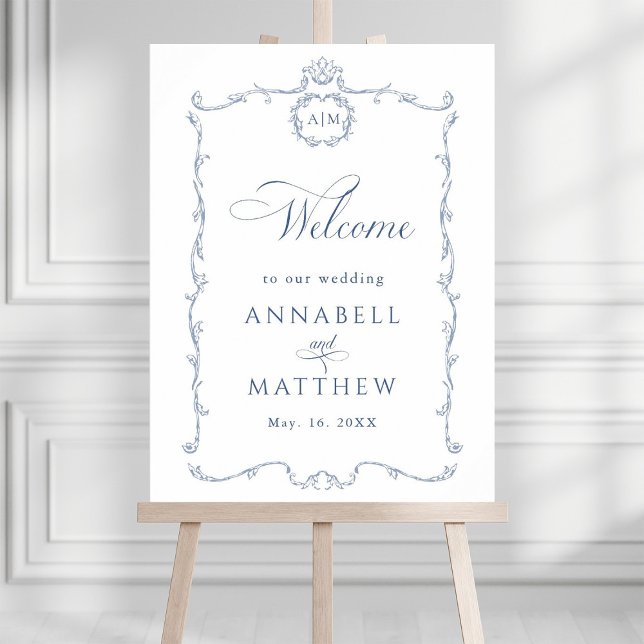 Modern Classic French Wedding Dusty Blue Welcome Poster (Von Creator hochgeladen)