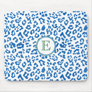 Modern Classic Ladys Blue Leopard Print Monogram Mousepad