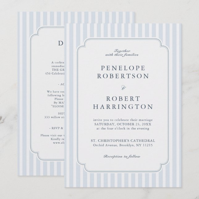 Modern Classic Stripes Blue All in one  Wedding Einladung (Vorne/Hinten)