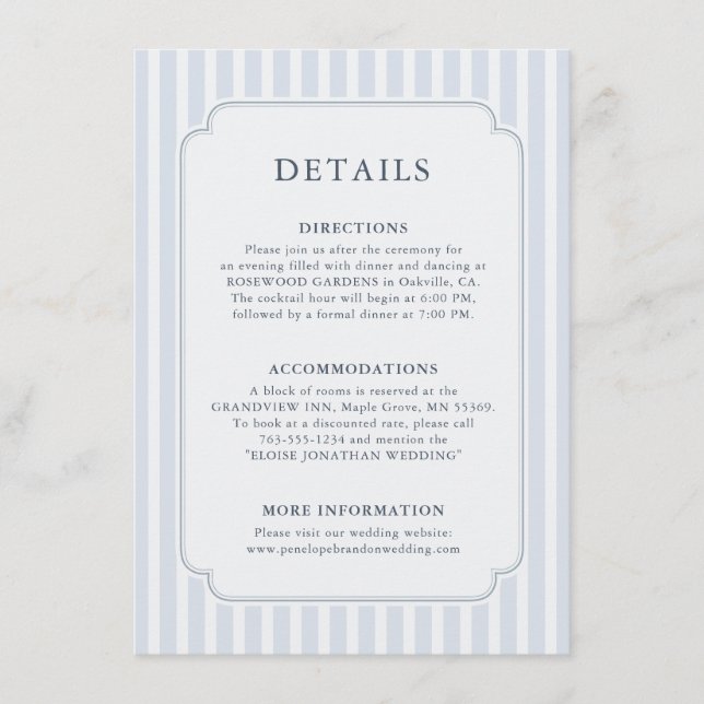 Modern Classic Stripes Dusty Blue Wedding Details Begleitkarte (Vorderseite)
