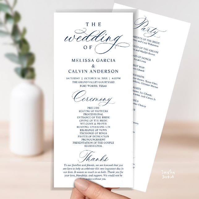 Modern Classy Elegant Wedding Ceremony Programm (Modern Classy Elegant Wedding Ceremony Program card navy blue)