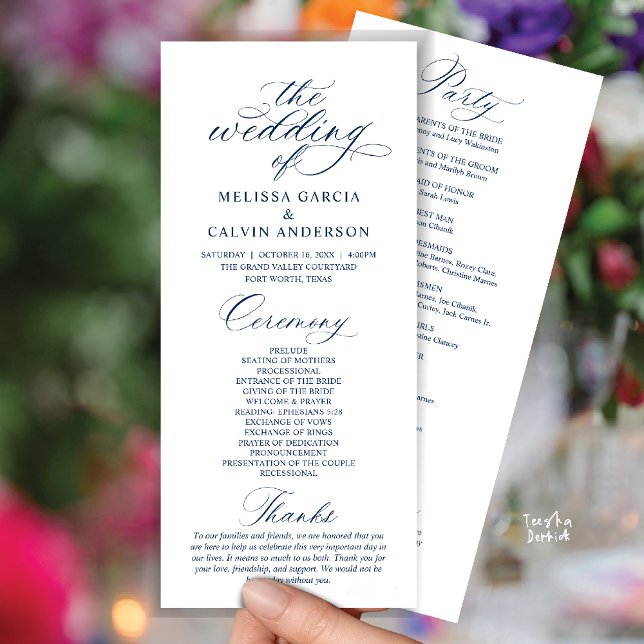 Modern Classy Elegant Wedding Ceremony Programm (Modern Classy Elegant Romantic Wedding Ceremony Program Card in Navy Blue)