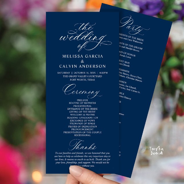 Modern Classy Elegant Wedding Ceremony Programm (Modern Classy Elegant Romantic Wedding Ceremony Program Card in Navy Blue)