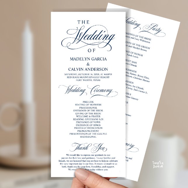 Modern Classy Wedding Ceremony Order Programm (Modern Classy Wedding Ceremony Order Program Card, in Navy Blue)