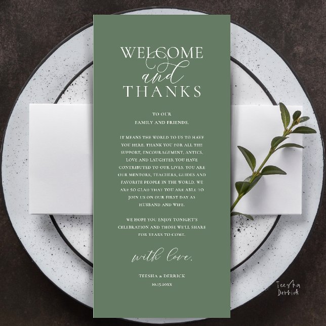 Modern Classy Wedding Reception Thank You Card Programm (Modern Classy Wedding Reception Dinner Lunch Brunch Thank You Card in Sage Green)