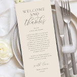 Modern Classy Wedding Reception Thank You Card Programm<br><div class="desc">Introducing the perfect finishing touch to your wedding reception - our elegant classy Wedding Thank You Place Setting Card cream grey theme, with card title "Welcome and thanks" ! Designed to express your heartfelt appreciation for each guest's presence on your special day, these cards are the ideal way to add...</div>