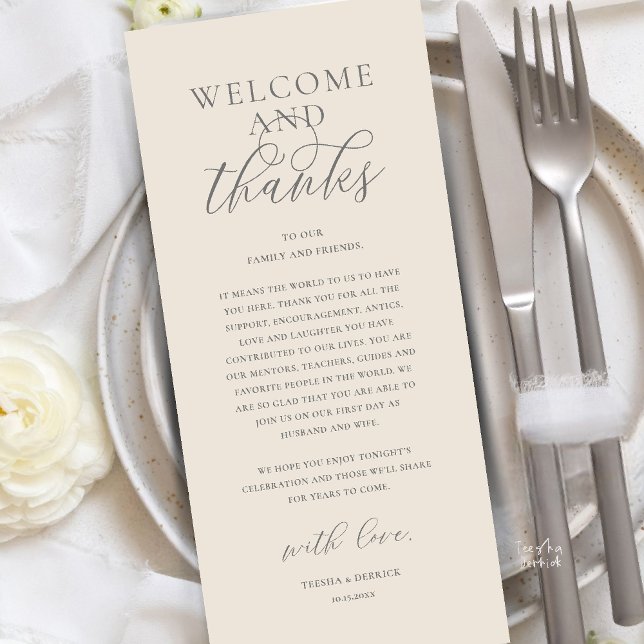 Modern Classy Wedding Reception Thank You Card Programm (Modern Classy Wedding Reception Dinner Brunch Lunch Thank You Card in Cream Grey)