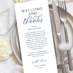 Modern Classy Wedding Reception Thank You Card Programm<br><div class="desc">Introducing the perfect finishing touch to your wedding reception - our elegant classy Wedding Thank You Place Setting Card navy blue theme, with card title "Welcome and thanks" ! Designed to express your heartfelt appreciation for each guest's presence on your special day, these cards are the ideal way to add...</div>