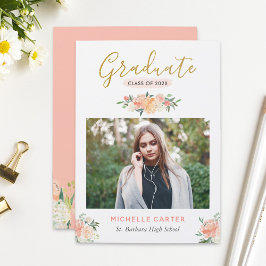 Modern Clean Coral Peach Floral Photo Graduation Ankündigung