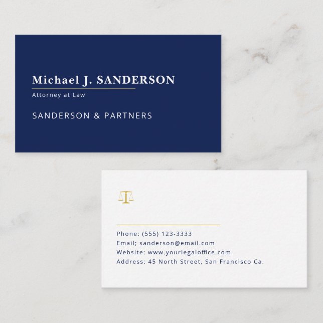 Modern clean navy blue attorney at law name visitenkarte (Vorne/Hinten)