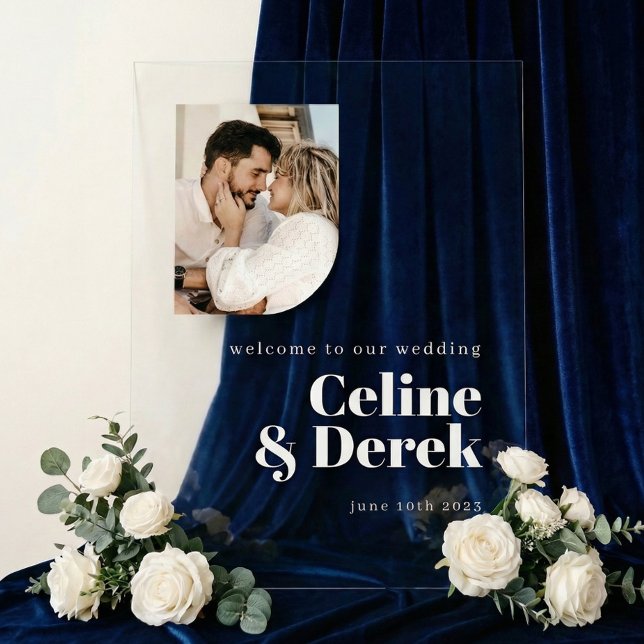 Modern Clear Wedding Photo Welcome Acrylic Sign (Créateur téléchargé)