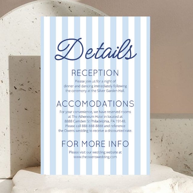 Modern Coastal Blue Stripes Wedding Details Begleitkarte (Von Creator hochgeladen)