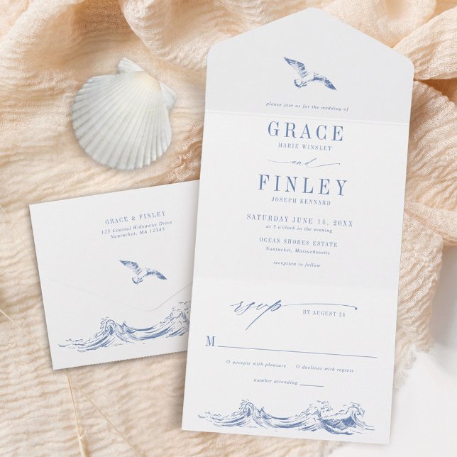 Modern Coastal Chic Blue Seaside Wedding All In One Einladung (Von Creator hochgeladen)