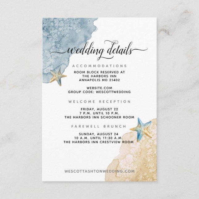 Modern Coastal Dusty Blue + Strand Hochzeiten Deta Begleitkarte (Vorderseite)