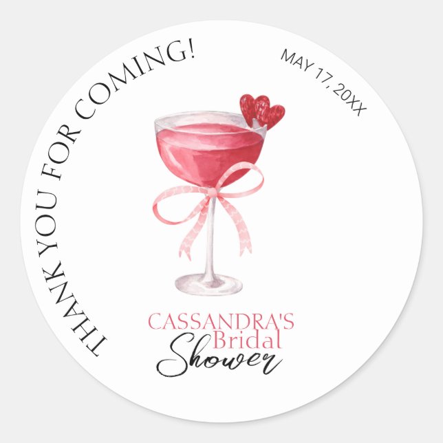 Modern Cocktail Pink Bow Brautparty Vielen Dank Runder Aufkleber (Vorderseite)