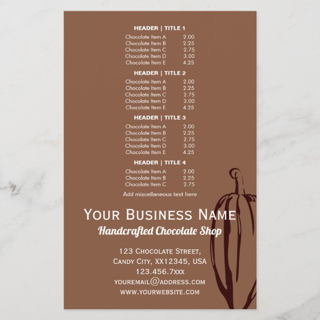 Modern Cocoa Pod Chocolatier Chocolate Shop Menü (Vorne)