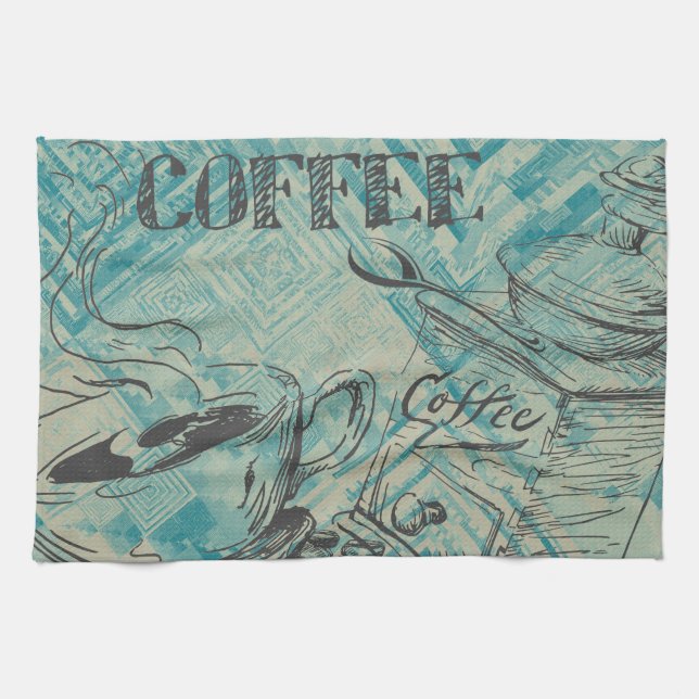 Modern Coffee Art Sketch Blue Geschirrtuch (Horizontal)