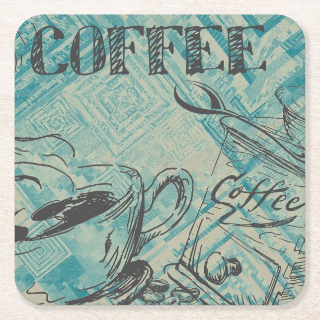 Modern Coffee Art Sketch Blue Rechteckiger Pappuntersetzer (Vorderseite)