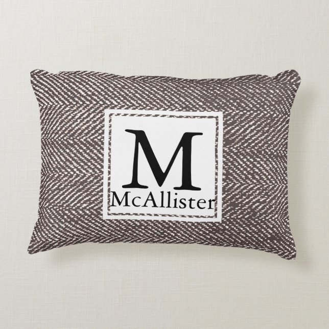 Modern Coffee Brown Herringbone | Monogramm Dekokissen (Rückseite)