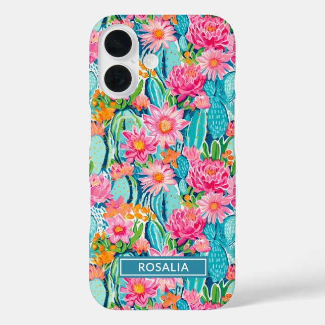 Modern Colorful Blooming Cacti Personalized iPhone 16 Hülle (Rückseite)