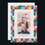 Modern Colorful Checkered Border Family Photo Feiertagskarte<br><div class="desc">Send festive cheer with this modern holiday photo card featuring a colorful checkered border in shades of red, green, pink, blue, and gold. The playful yet polished design is perfect for families who love bold color and contemporary style. All text is fully customizable, allowing you to personalize your greeting and...</div>