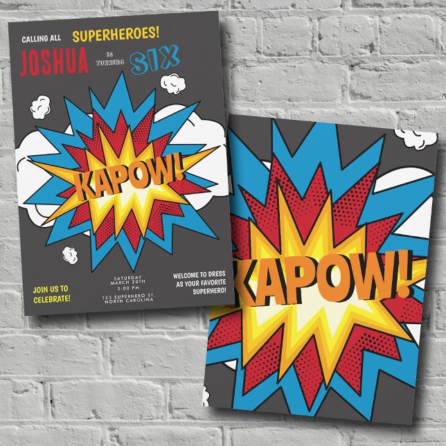 Modern Colorful Comic Book KAPOW Pop Art Birthday Einladung (Modern Colorful Comic Book KAPOW Pop Art Birthday Invitation)