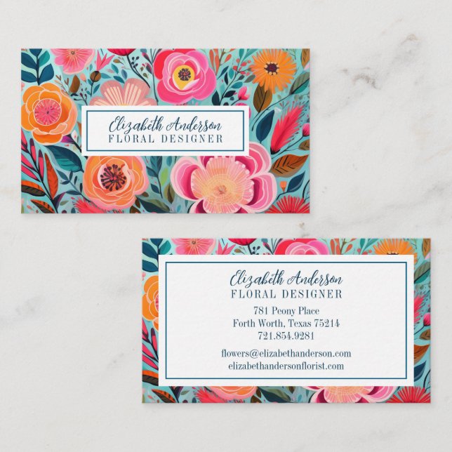 Modern Colorful Flowers Pink Teal Visitenkarte (Vorne/Hinten)